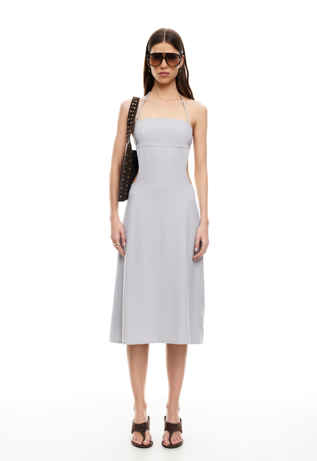 slim fit dress slacks Self-Portrait - Grey Peplum Knit Midi Dress