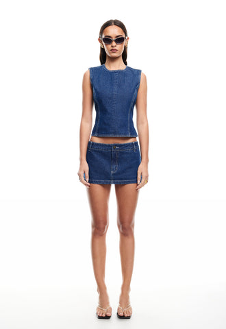 HALSTON DENIM TOP + RHODE MINI BLUE DENIM