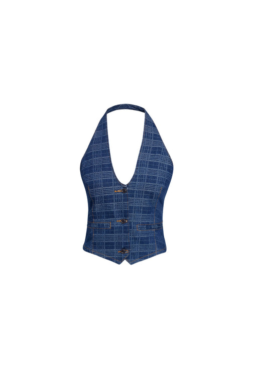 RENEWAL HALTER TOP - INDIGO PLAID