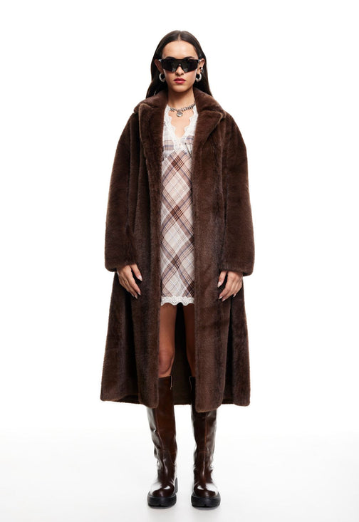 MOSS FAUX FUR COAT - CHOCOLATE