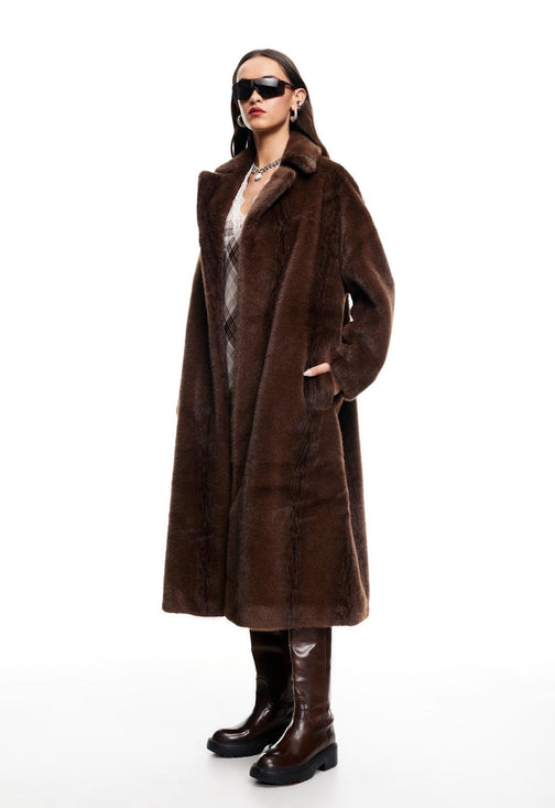 MOSS FAUX FUR COAT - CHOCOLATE