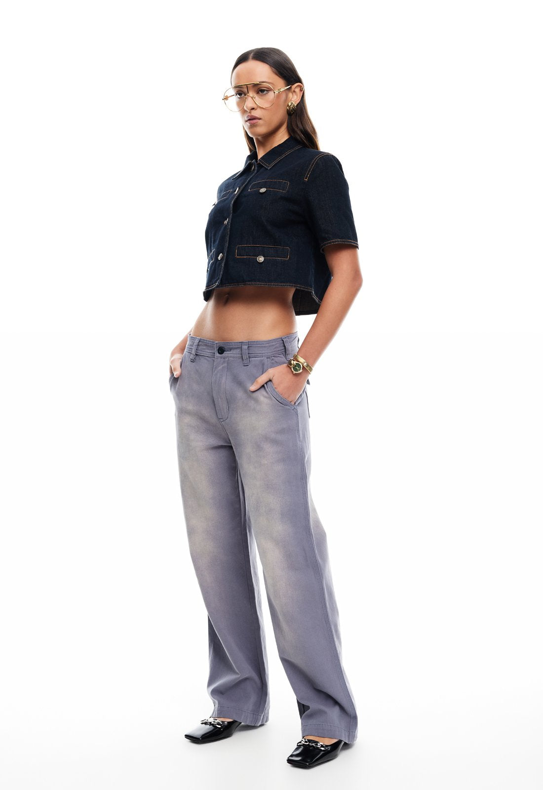 HALSTON DENIM TOP - DARK DENIM