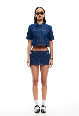 HALSTON DENIM TOP + RHODE MINI BLUE DENIM