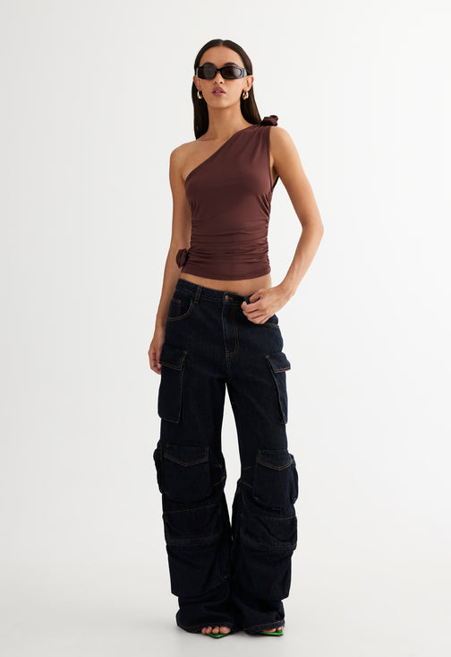 RENDEZVOUS ONE SHOULDER TOP - CHOCOLATE